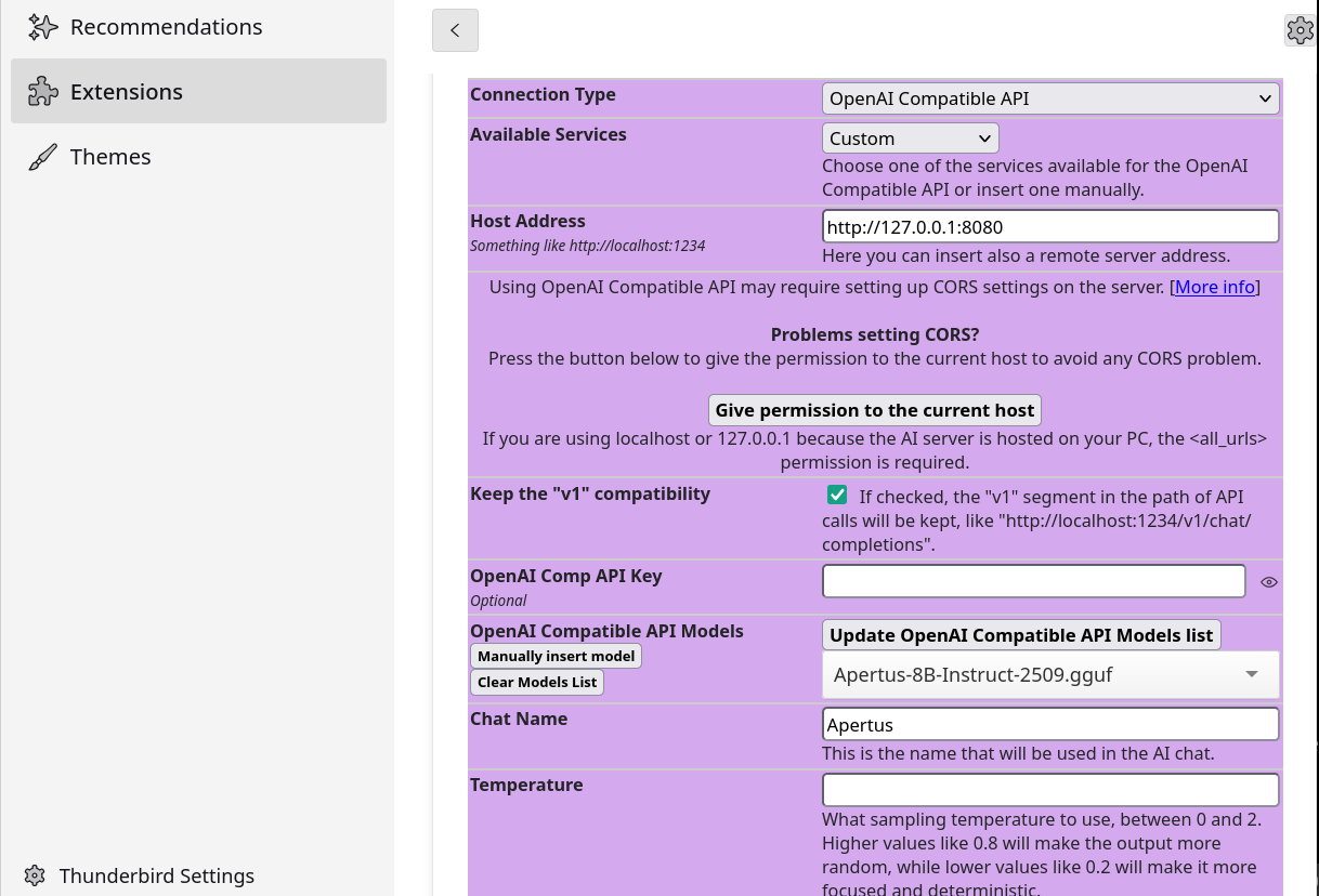 ThunderAI configuration screen